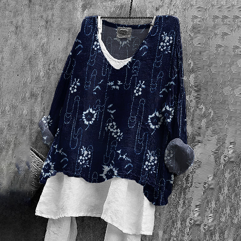 Women's Vintage Floral Art Print V-neck Loose T-shirt elevenforest