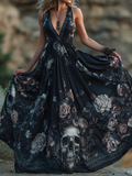 Halloween Skeleton And Rose Pattern Printed Women's V-neck Sleeveless Dress elevenforest