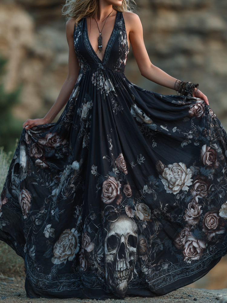 Halloween Skeleton And Rose Pattern Printed Women's V-neck Sleeveless Dress elevenforest