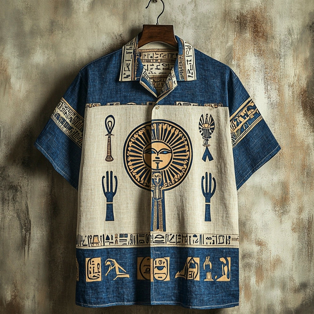 Egyptian Sun Disk Of Ra Print Men's Linen Short Sleeve Shirt elevenforest