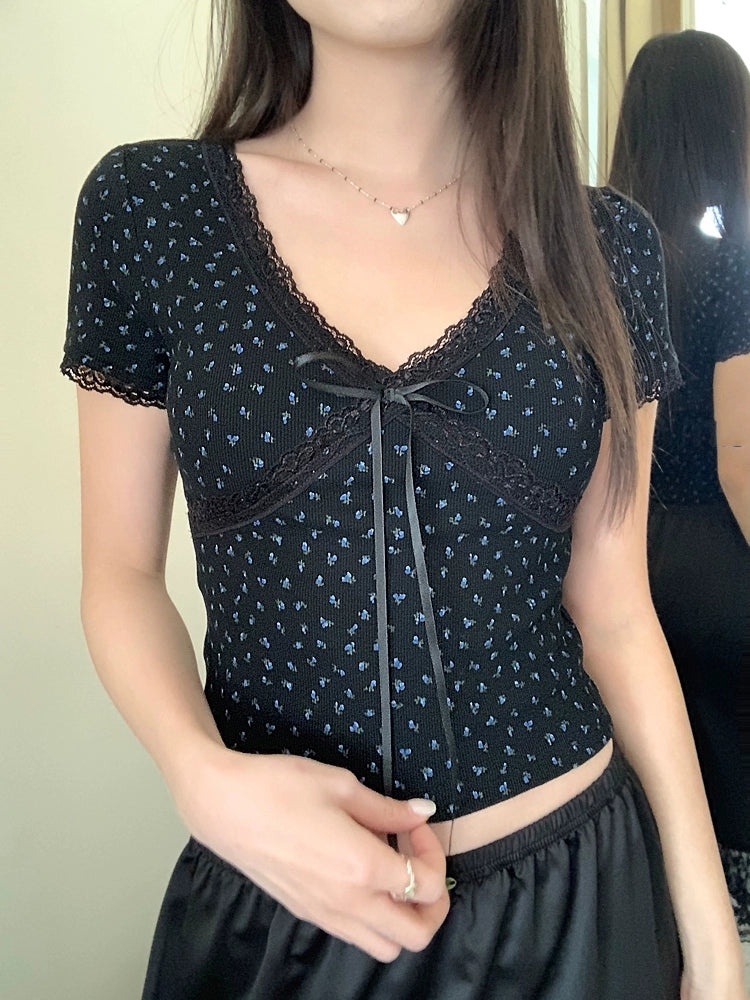 Korean Kawaii Lace Patchwork T-shirt Y2k Aesthetic Top Bow Knot V-neck Short Sleeve Crop Top Elastic Slim