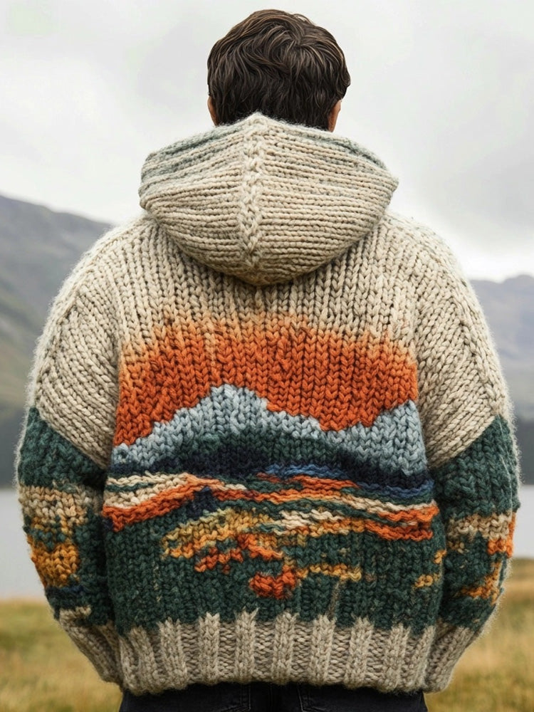 Men's Scotland Landscape Knit Cozy Chunky Hooded Sweater elevenforest