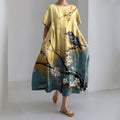 Comstylish Women's Japanese Floral And Bird Art Print Midi Dress