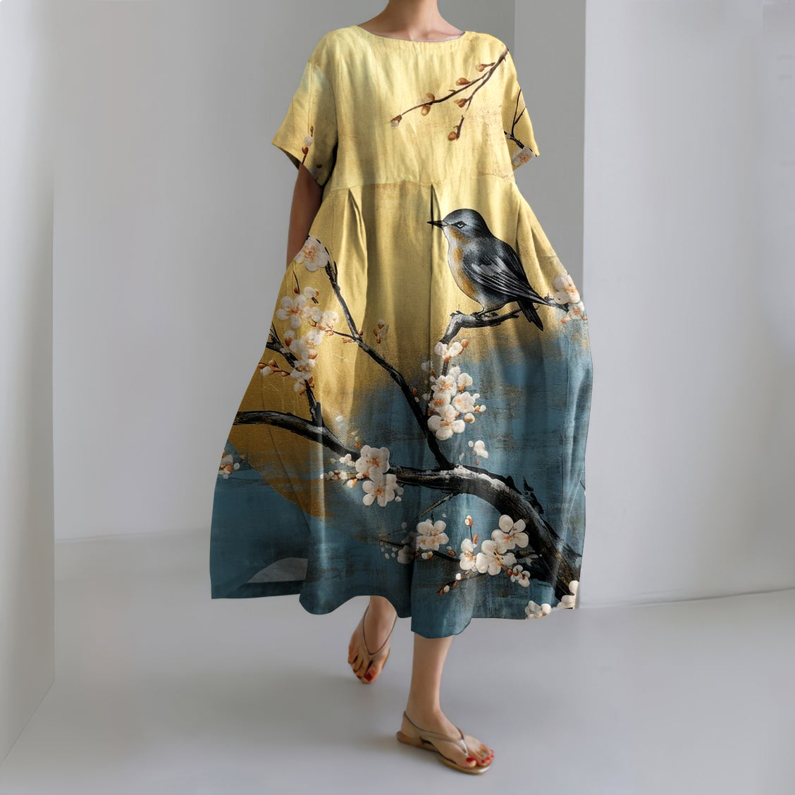 Comstylish Women's Japanese Floral And Bird Art Print Midi Dress