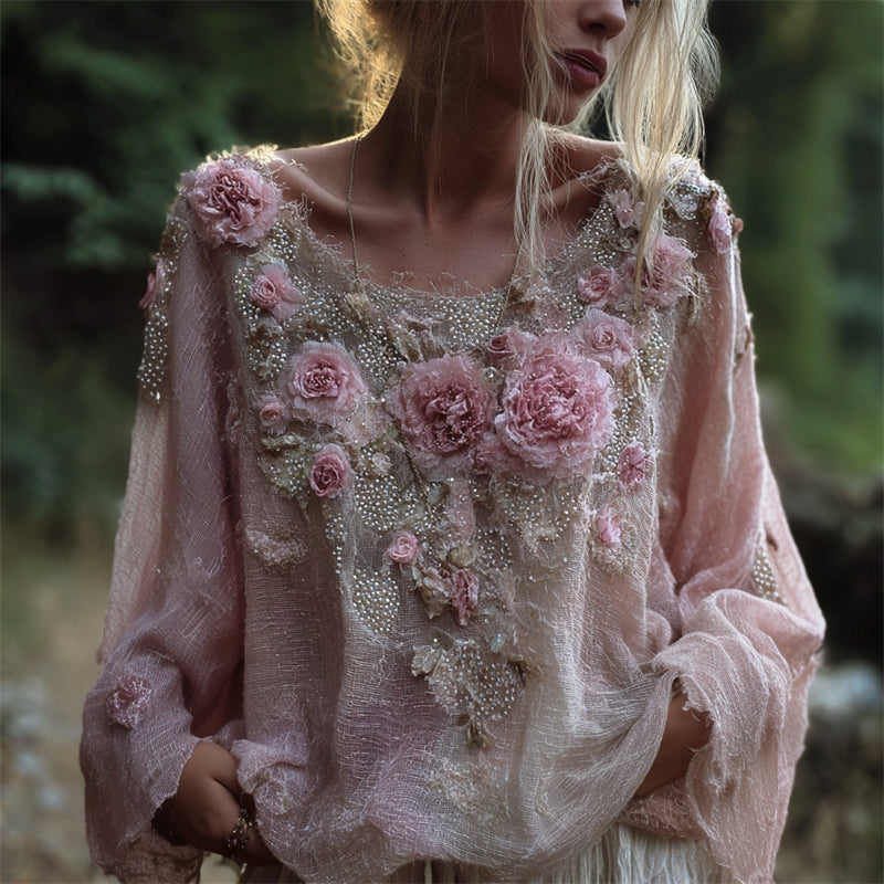 Boho Pink Flowers Fiber Art Glitter Beaded Flowy Linen Tunic elevenforest