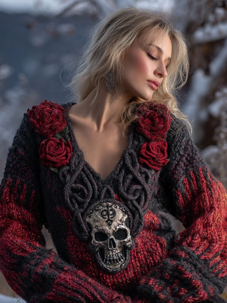 Vintage Red Roses Viking Celtic Skull V Neck Cozy Knit Sweater elevenforest