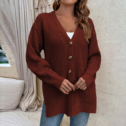 Autumn Winter Hollow Out Cutout Cardigan Sweater Button Slit Knit Sweater Coat