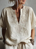 Women's Floral Embroidery Art V Neck Comfy Short Sleeve Shirt elevenforest