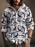 Whale Print Linen Blend Casual Hooded Shirt elevenforest