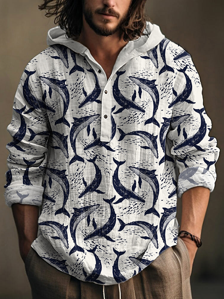 Whale Print Linen Blend Casual Hooded Shirt elevenforest