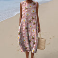 Women's Bees With Daisy Embroidery Art Print Crew Neck Tank Midi Dress elevenforest