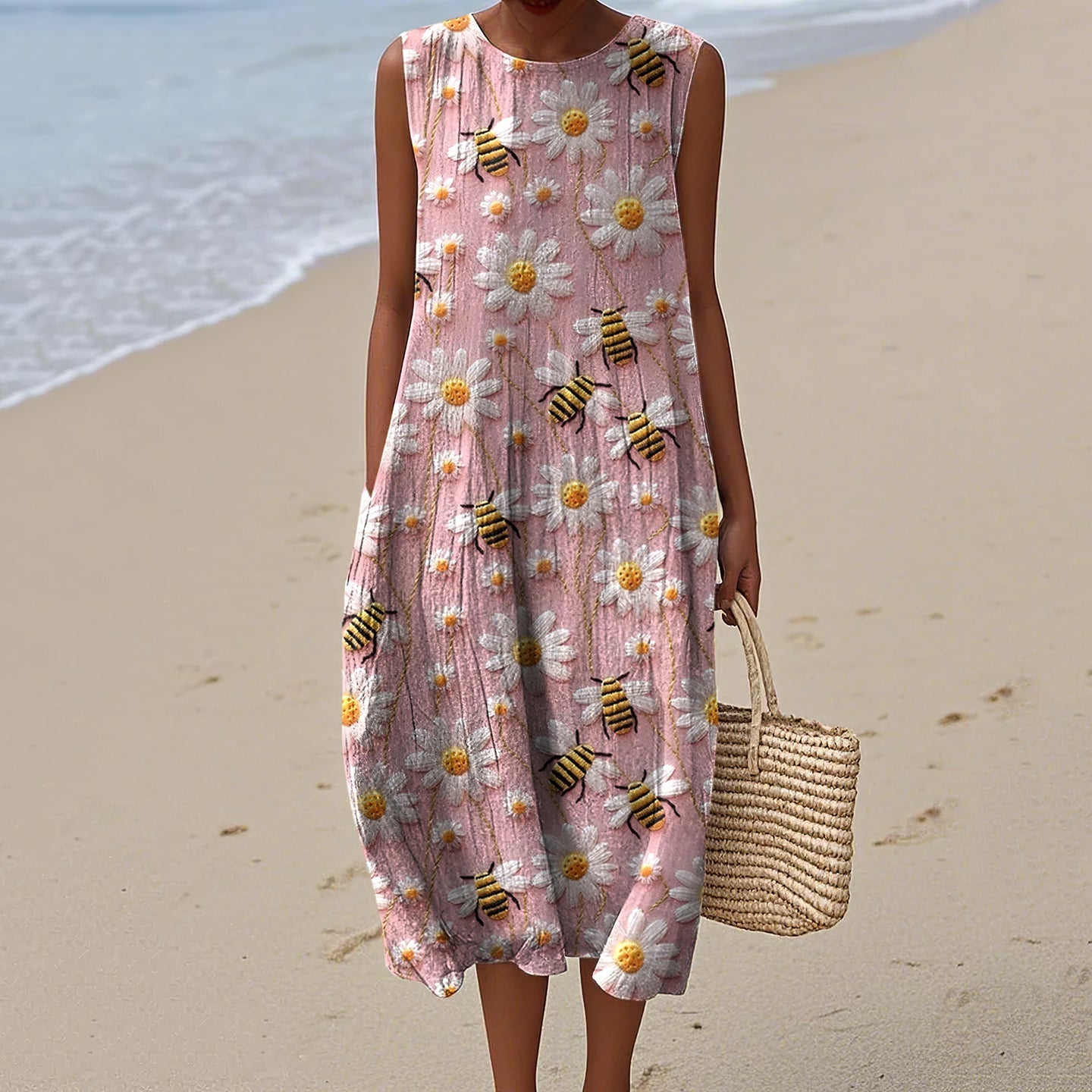 Women's Bees With Daisy Embroidery Art Print Crew Neck Tank Midi Dress elevenforest