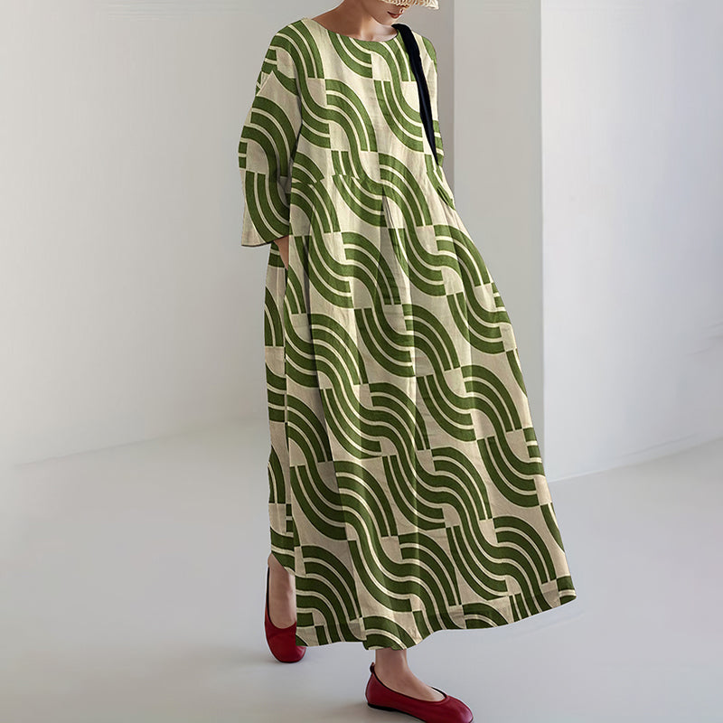 Comstylish Women's Japanese Geometric Art Print Midi Dress