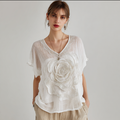Bohemian Style Woman's V-neck White Rose Short-sleeved Shirt elevenforest