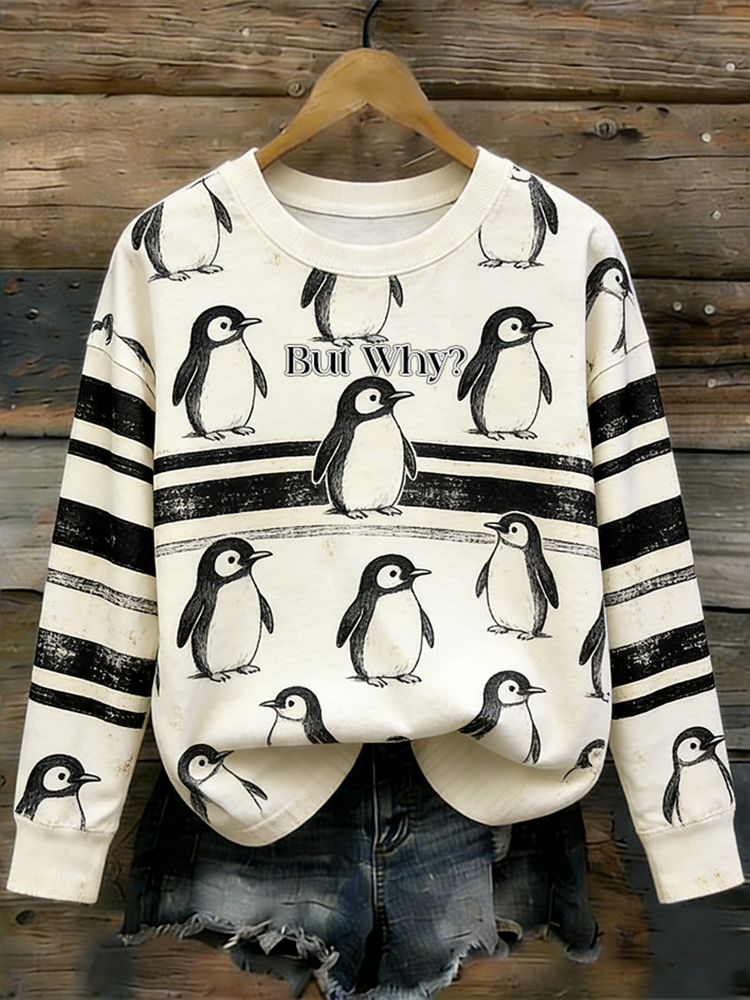 Comstylish Nihilist Penguin But Why Slogan Round-neck Long-sleeve T-shirt