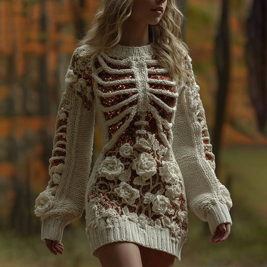 Women's Skeleton Flower Art Knit Mini Sweater Dress artswardrobe