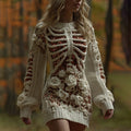 Comstylish Women's Skeleton Flower Art Knit Mini Sweater Dress