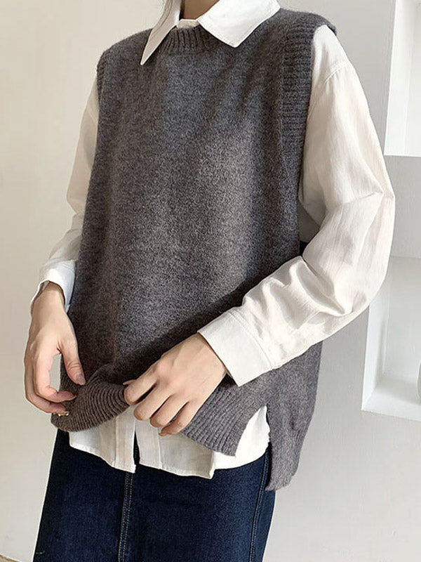 High-low Loose Color Split-joint Split-side Round-neck Knitwear Vest Top