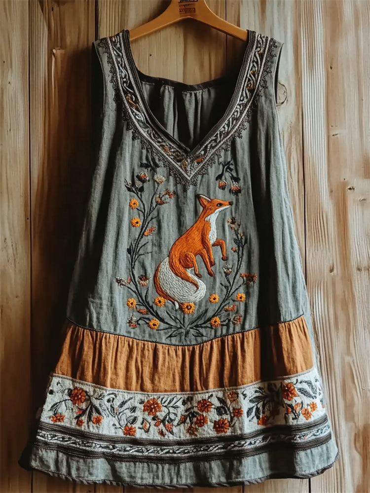 Vintage Fox Floral Embroidered Patchwork Linen Tank Top elevenforest