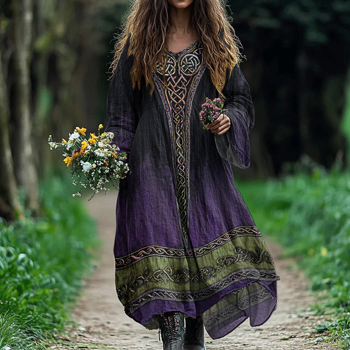Women's Vintage Tree Of Life Gradient Art Linen Dress elevenforest
