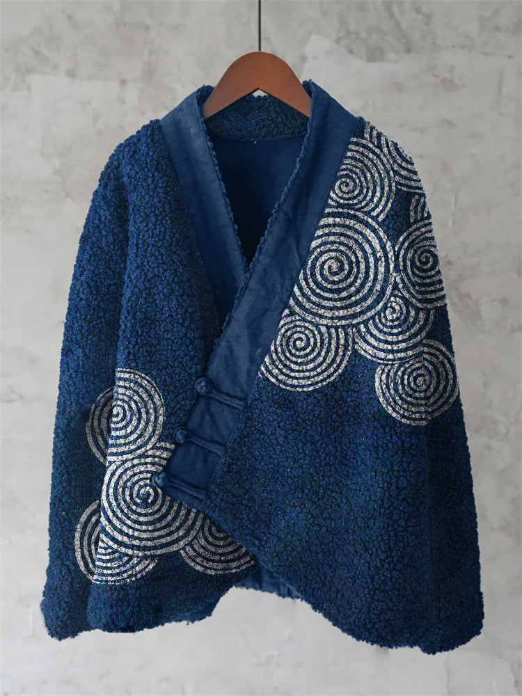 Japanese Sea Waves Ripples Lino Art Cozy Fleece Kimono Cardigan elevenforest