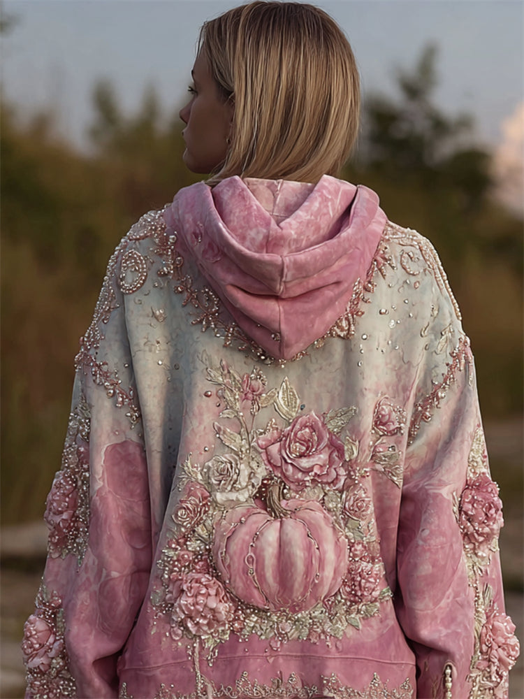 Thanksgiving Pink Pumpkin Floral Glitter Beaded Gradient Hoodie elevenforest