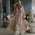 Women's Vintage Floral In Gradient Art Flowy Linen Blend Casual Long Sleeve Maxi Dress elevenforest