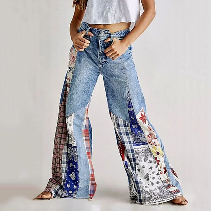 Boho Floral Patchwork Art Button High Waist Wide Leg Jeans elevenforest