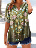 Women's Vintage Floral Art Print Casual Cotton And Linen Shirt