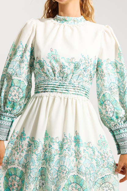 Lantern Sleeve Pleated Midi Dress