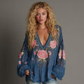 Vintage Pink Roses Embroidered Linen Blend T-shirt elevenforest