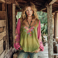 Vintage Boho Tribal Floral Embroidery Print Cotton And Linen Blend Loose Blouse elevenforest