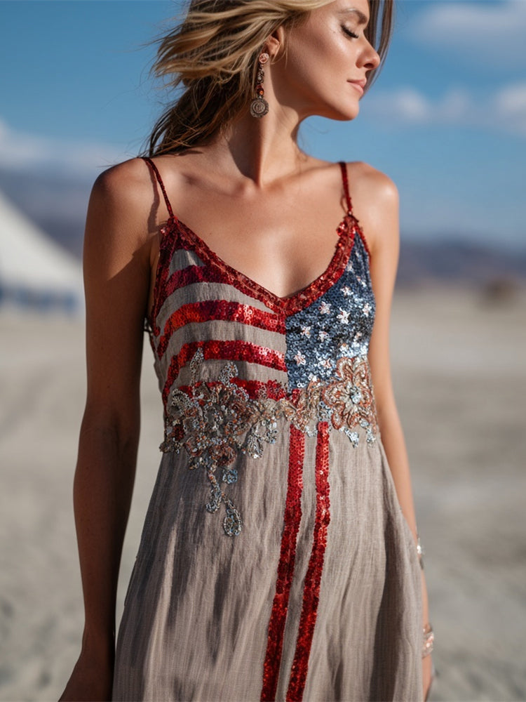 Independence Day Vintage Sequin Flag & Floral Embroidery Women's Spaghetti Strap Maxi Dress elevenforest