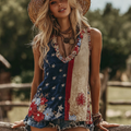 Women's Retro American Country Style Blue And Red Floral Embroidered V-neck Linen Blend T-shirt elevenforest