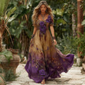 Women's Purple Floral Pattern Casual Round Neck Short Sleeve Dress elevenforest