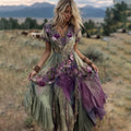 Vintage Gradient Purple Pansy Embroidered Linen Maxi Dress elevenforest