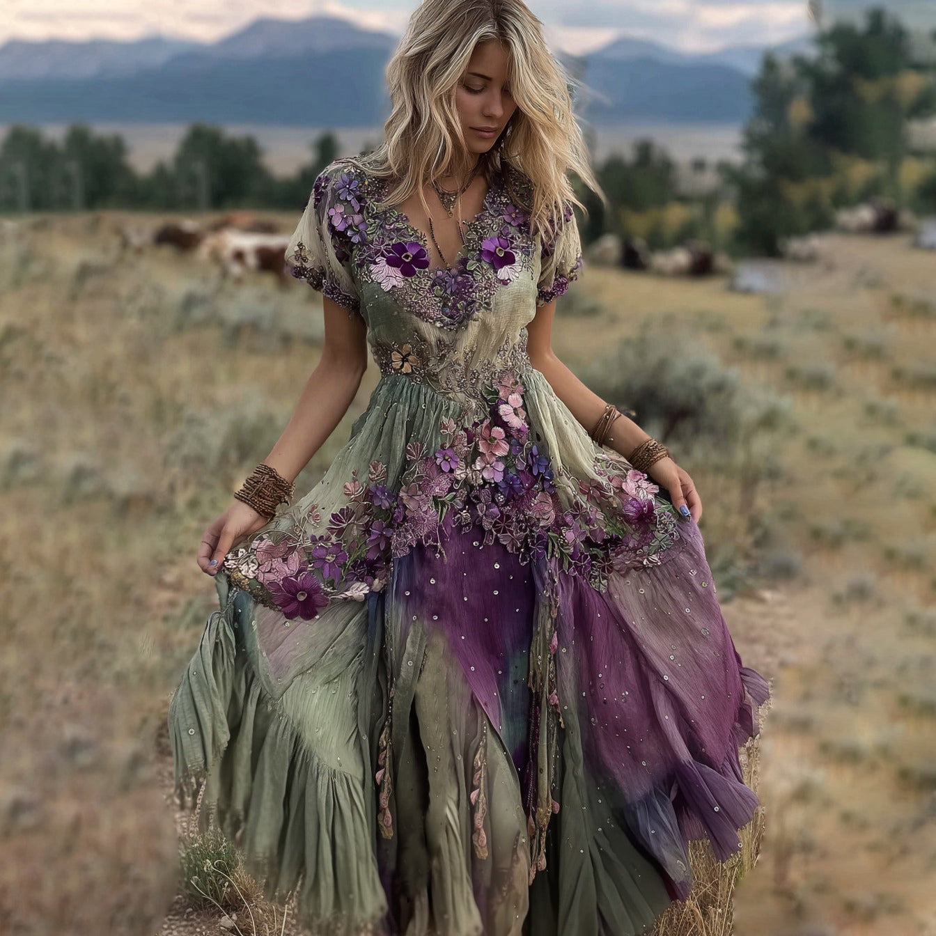 Vintage Gradient Purple Pansy Embroidered Linen Maxi Dress elevenforest