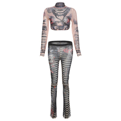 Spring Summer Print Round Neck Cropped Long Sleeve Skinny Pants Set