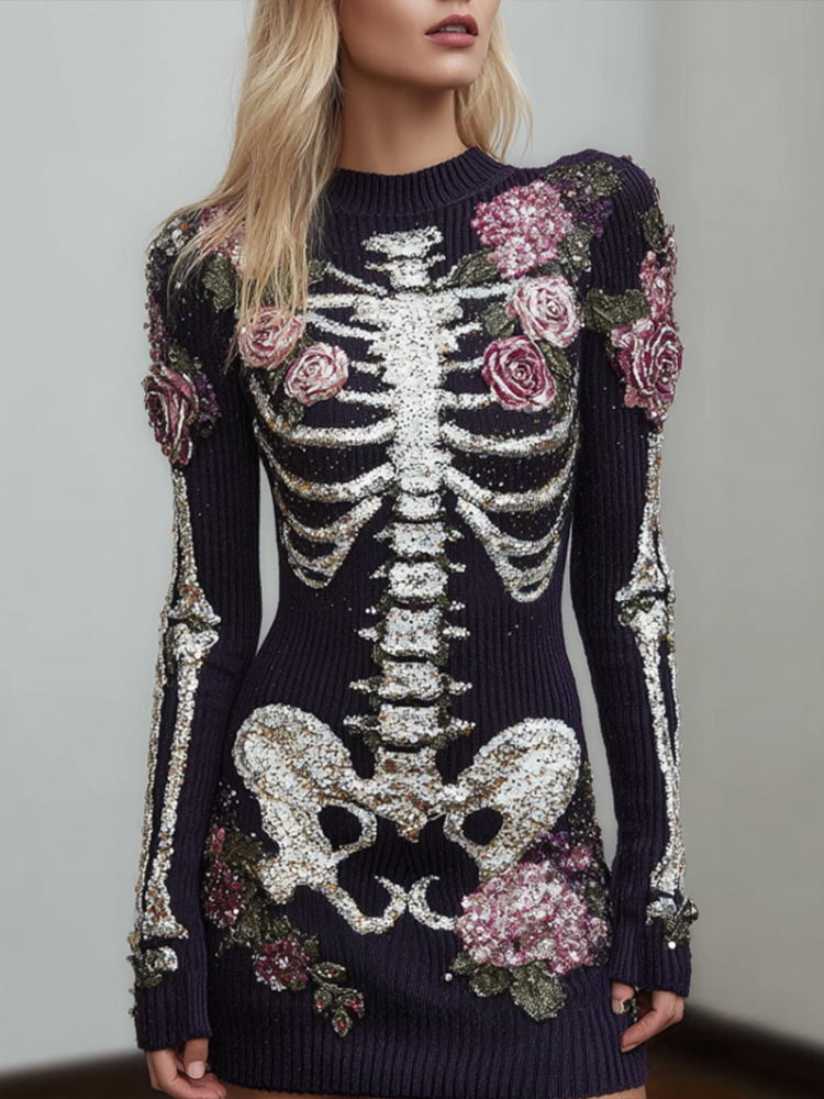 Comstylish Woman's Round-necked Knitted Sweater Dress With A Skeleton Design Combined With Plant And Flower Patterns For Halloween.