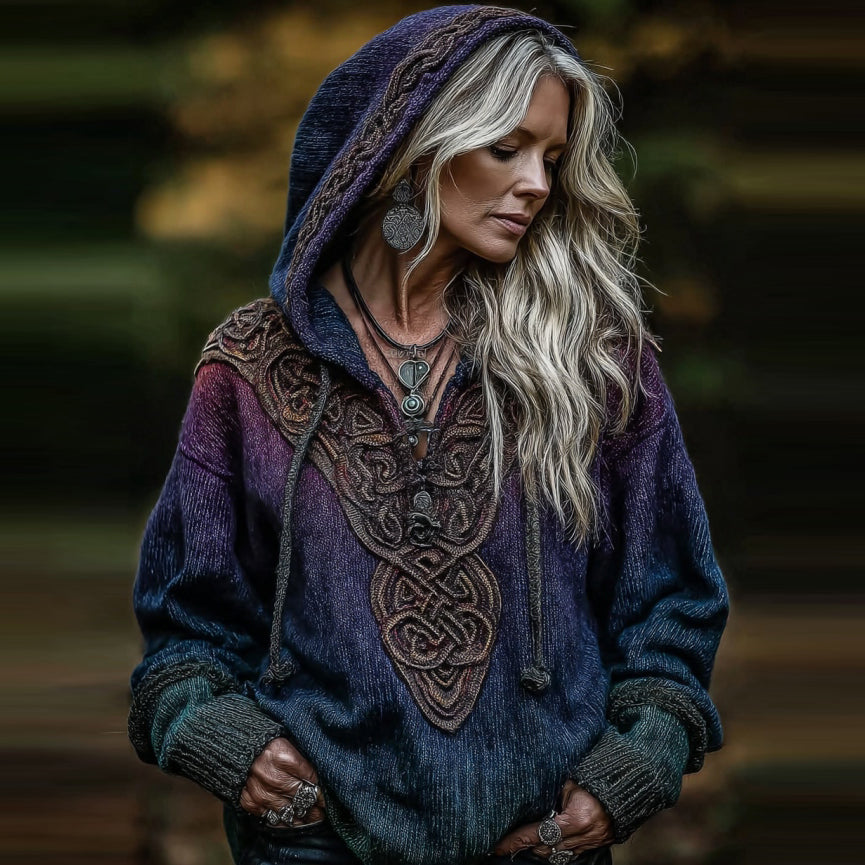 Women's Viking Celtic Knot Art Knitted Warm Hooded Sweater elevenforest