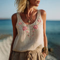Women's Vintage Floral Embroidery Art Linen Comfy Sleeveless Top elevenforest