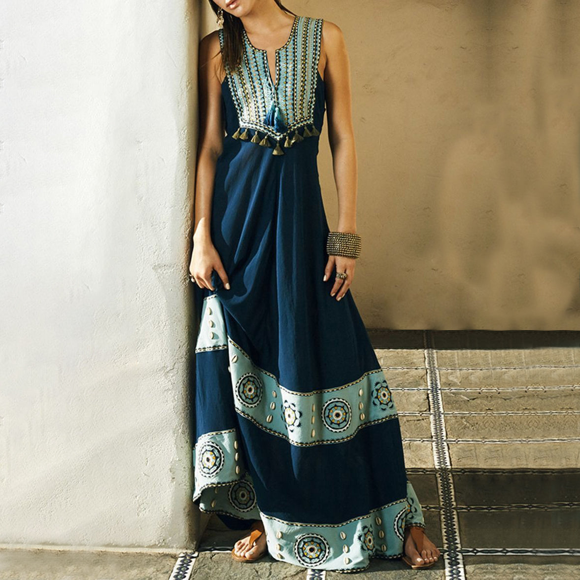 Bohemian Ethnogeometry Beading Tassel Art Sleeveless Cozy Linen Maxi Dress elevenforest