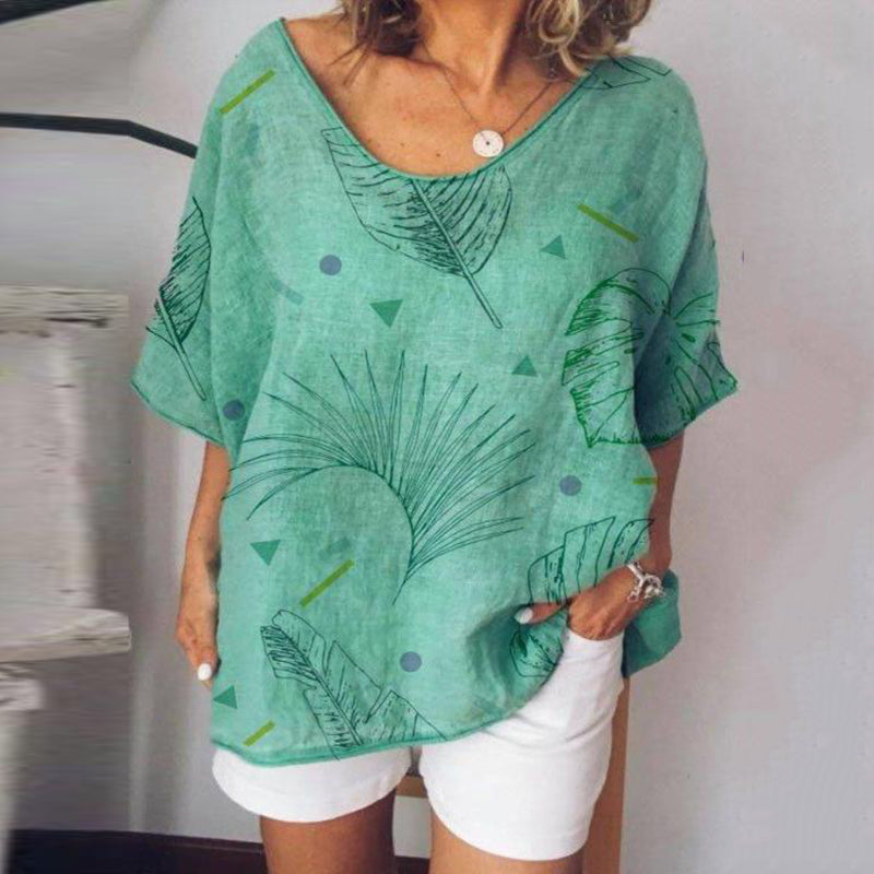 Casual Cotton And Linen Plant Pattern Women'S T-Shirt elevenforest
