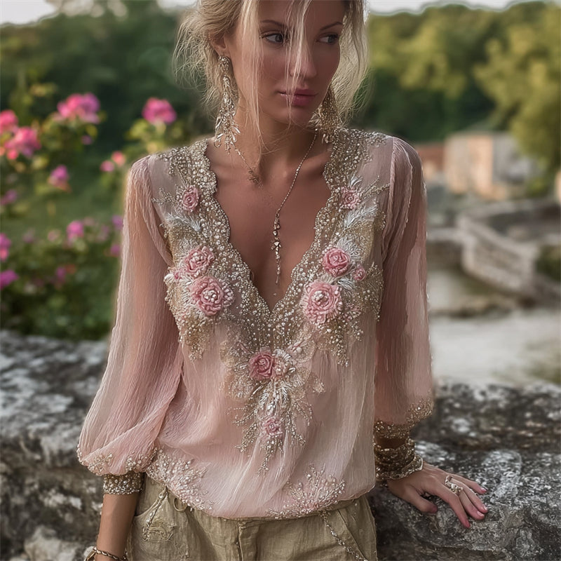 Boho Pink Roses Beaded Embroidered Lace Flowy Tunic elevenforest