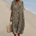 Women's Vintage Stripe Pattern Linen Comfy Maxi Dress elevenforest