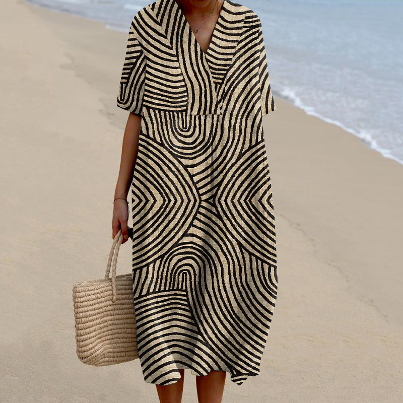 Women's Vintage Stripe Pattern Linen Comfy Maxi Dress elevenforest