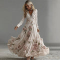Women's Vintage Boho Pink Rose Floral Lace Sequins Art Flowy Maxi Dress elevenforest