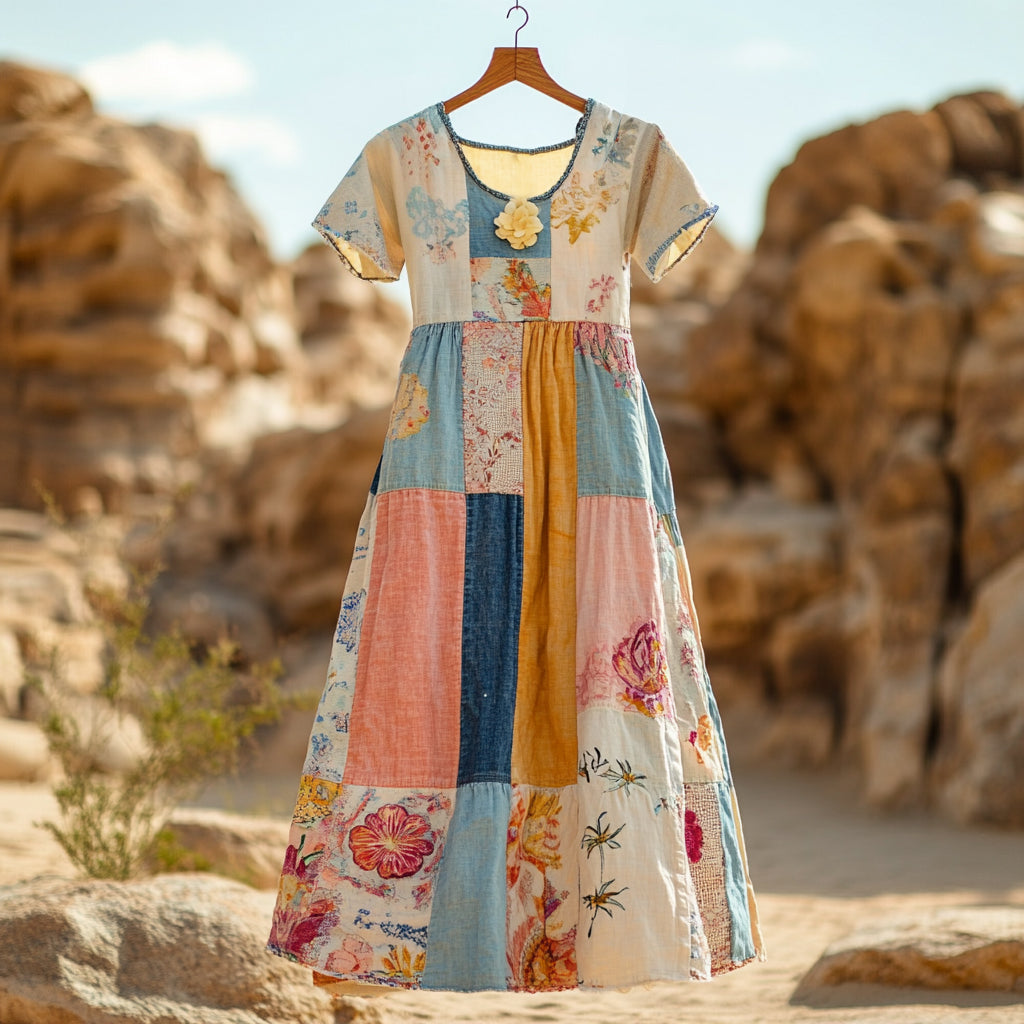 Women's Bohemian Floral Patchwork Cotton And Linen Short Sleeve Dress elevenforest