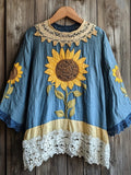 Women's Boho Sunflowers Embroidered Lace Patchwork Linen Shirt elevenforest