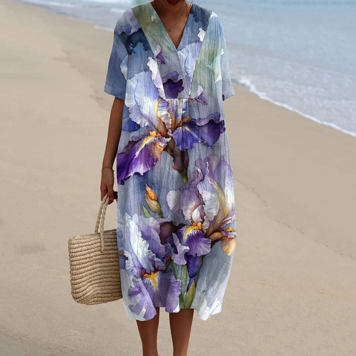 Women's Leisure Holiday Flowers Print Flowy Dress elevenforest